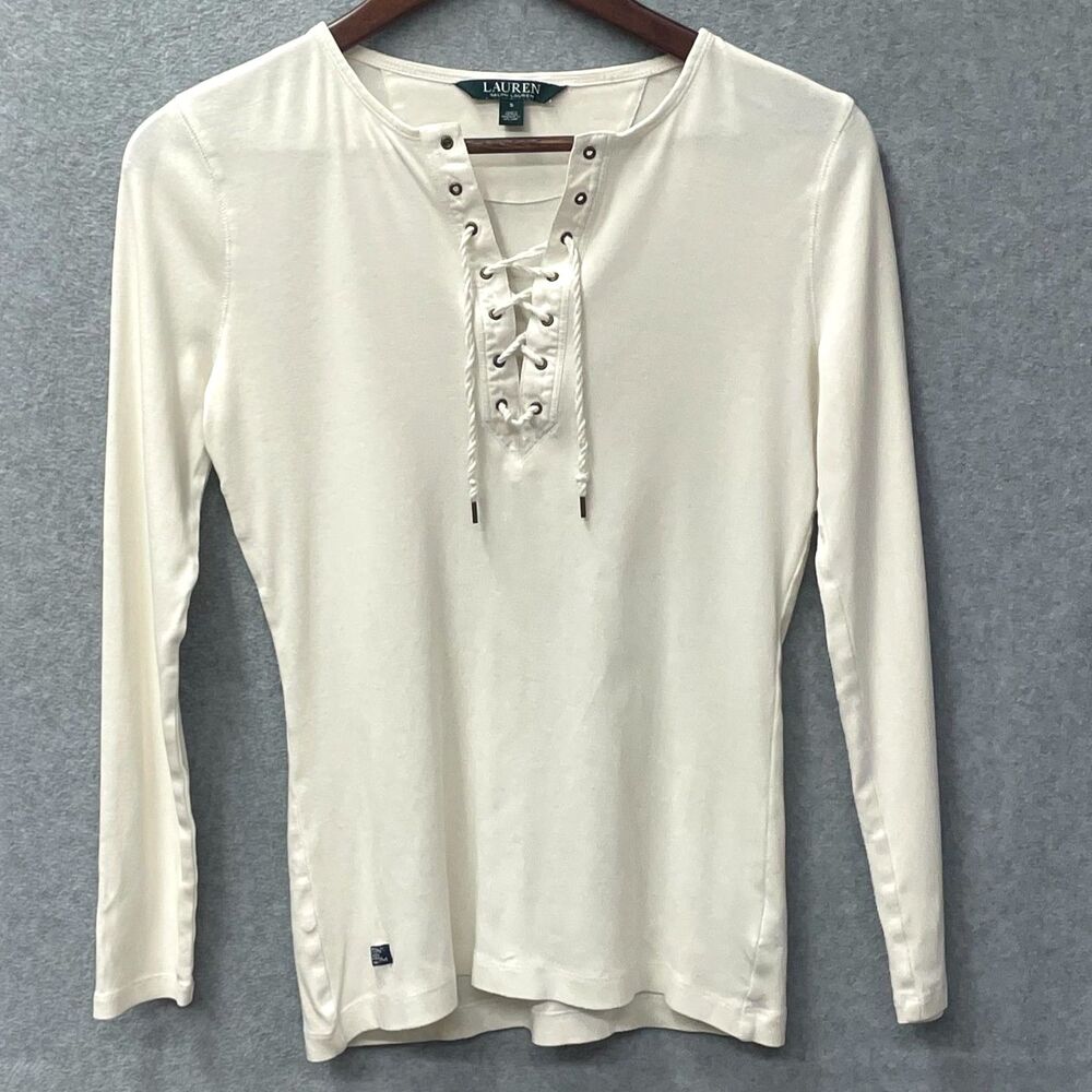 Lauren Ralph Lauren Lace Up Top White Cotton Long Sleeve Shirt S